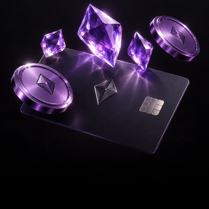 Purple gems and coins above a payment card